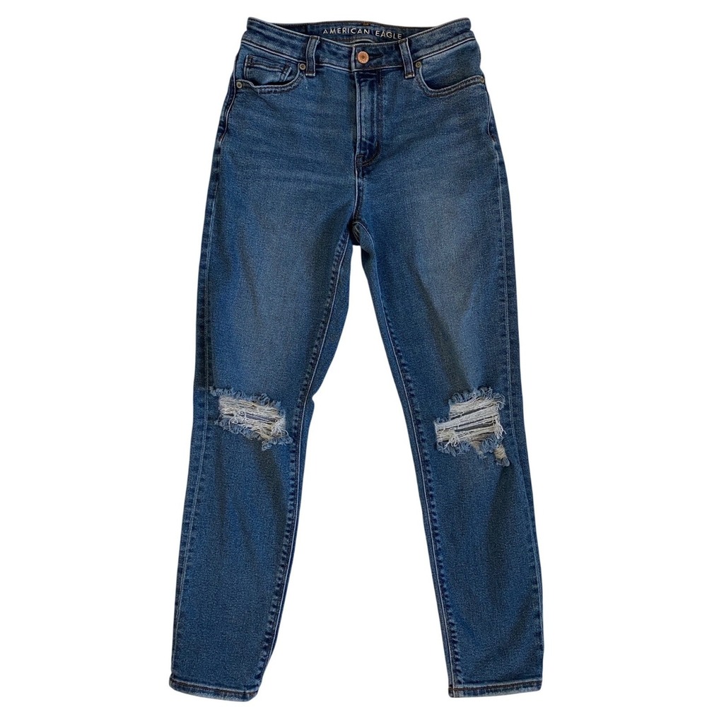 American Eagle Mom Jeans Wmn 0 Regular Blue Distressed Ripped High Rise Stretch